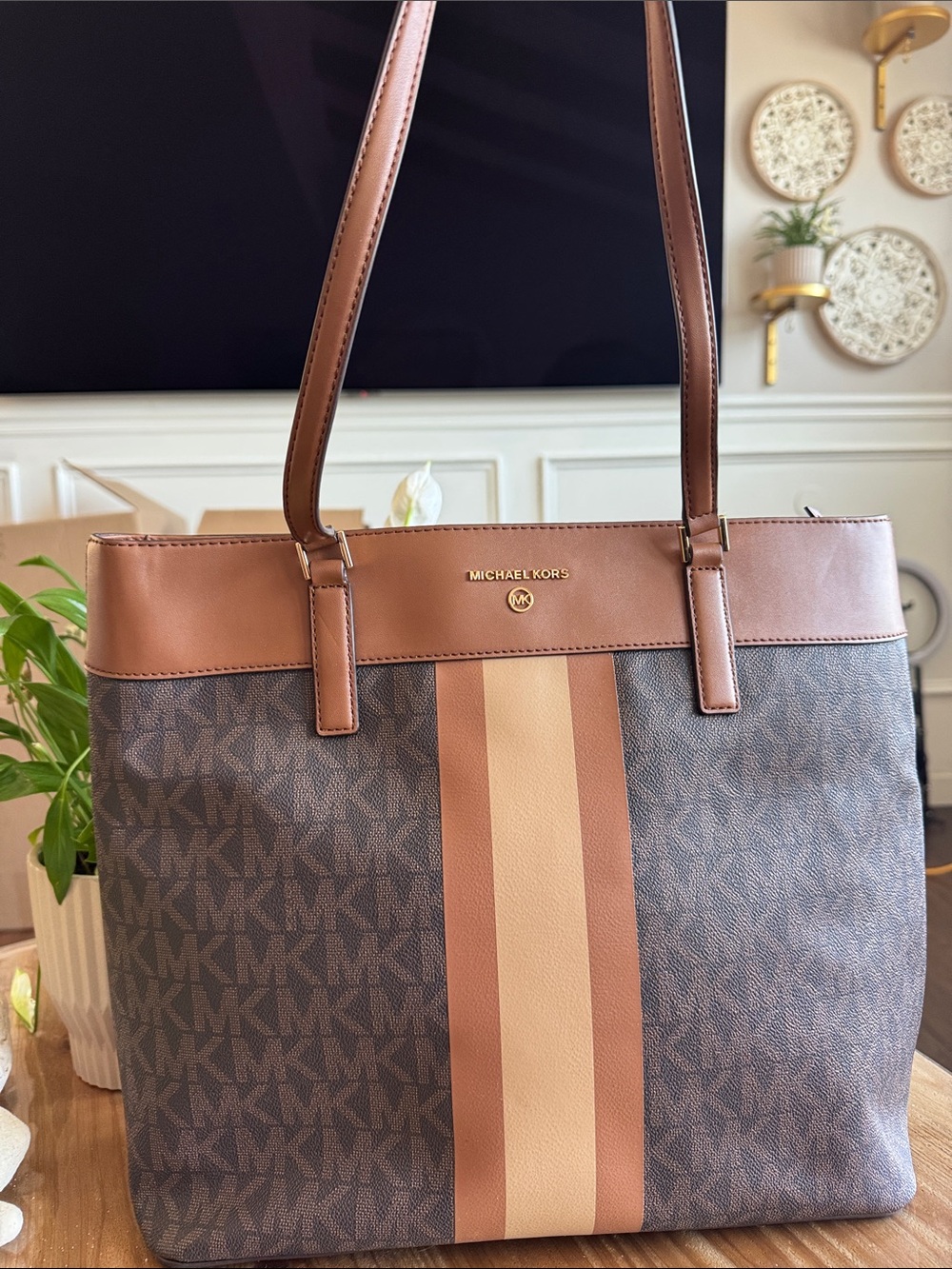Michael Kors Brown and Tan Logo Stripe Tote